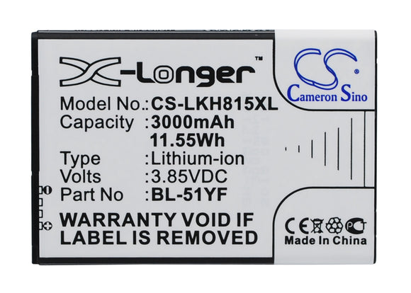 Battery for LG H634 BL-51YF, BL-51YH, EAC62858501 3.85V Li-ion 3000mAh / 11.55Wh