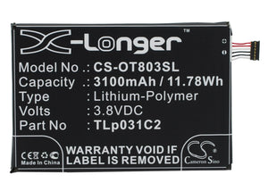 Battery for Alcatel M812C TLP031C1, TLp031C2 3.8V Li-Polymer 3100mAh / 11.78Wh